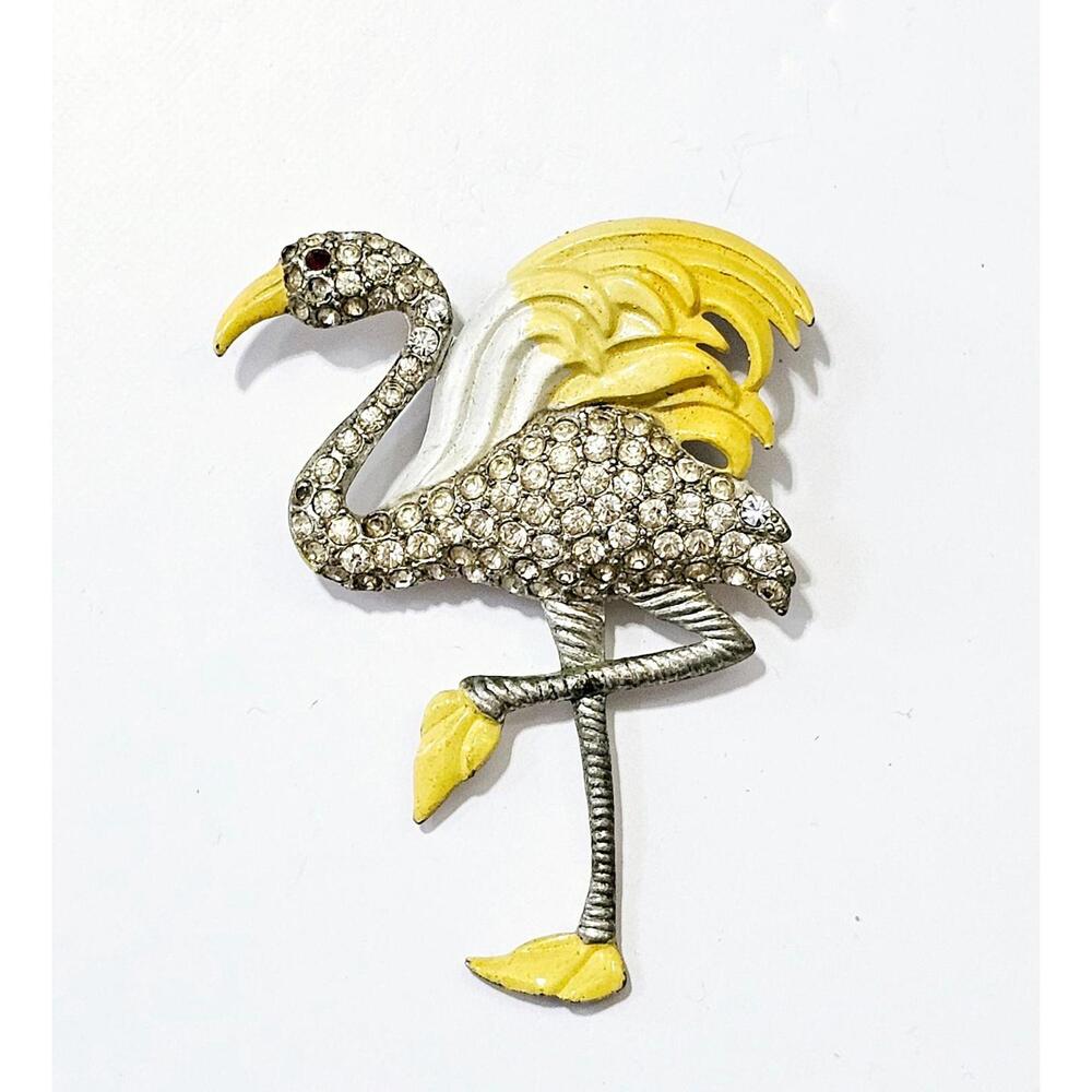 Vintage 1930s Rhinestone Fur Clip Flamingo Bird